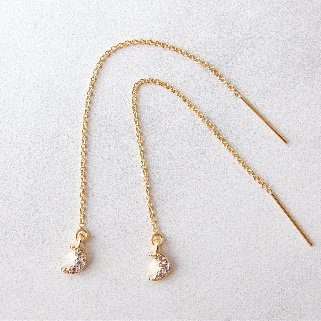 Pave Moon Threader Earrings 14k Gf
